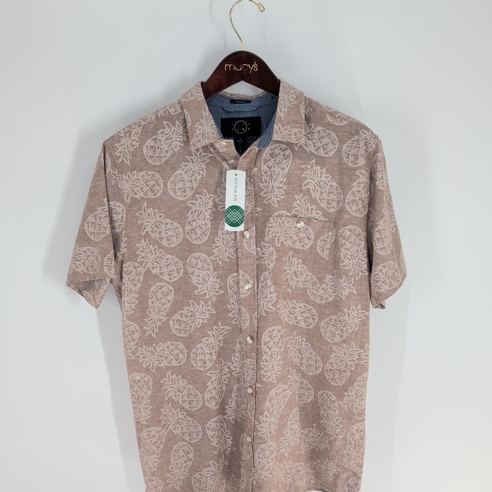 NWT Even Tide Regular Fit Kai Linen Pineapple Hawaiian Button-Up Shirt Tan Sz M‎